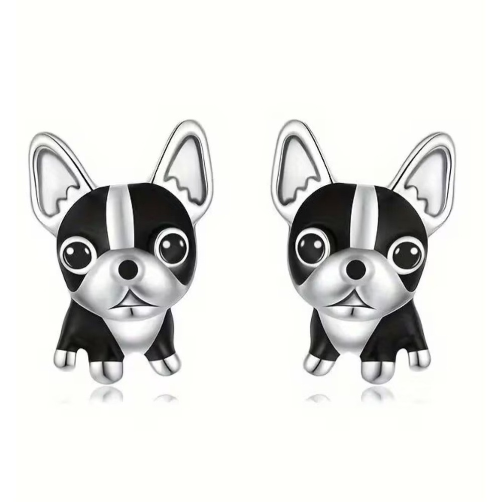 Chihuahua Enamel Stud Earrings Black White Silver Tone